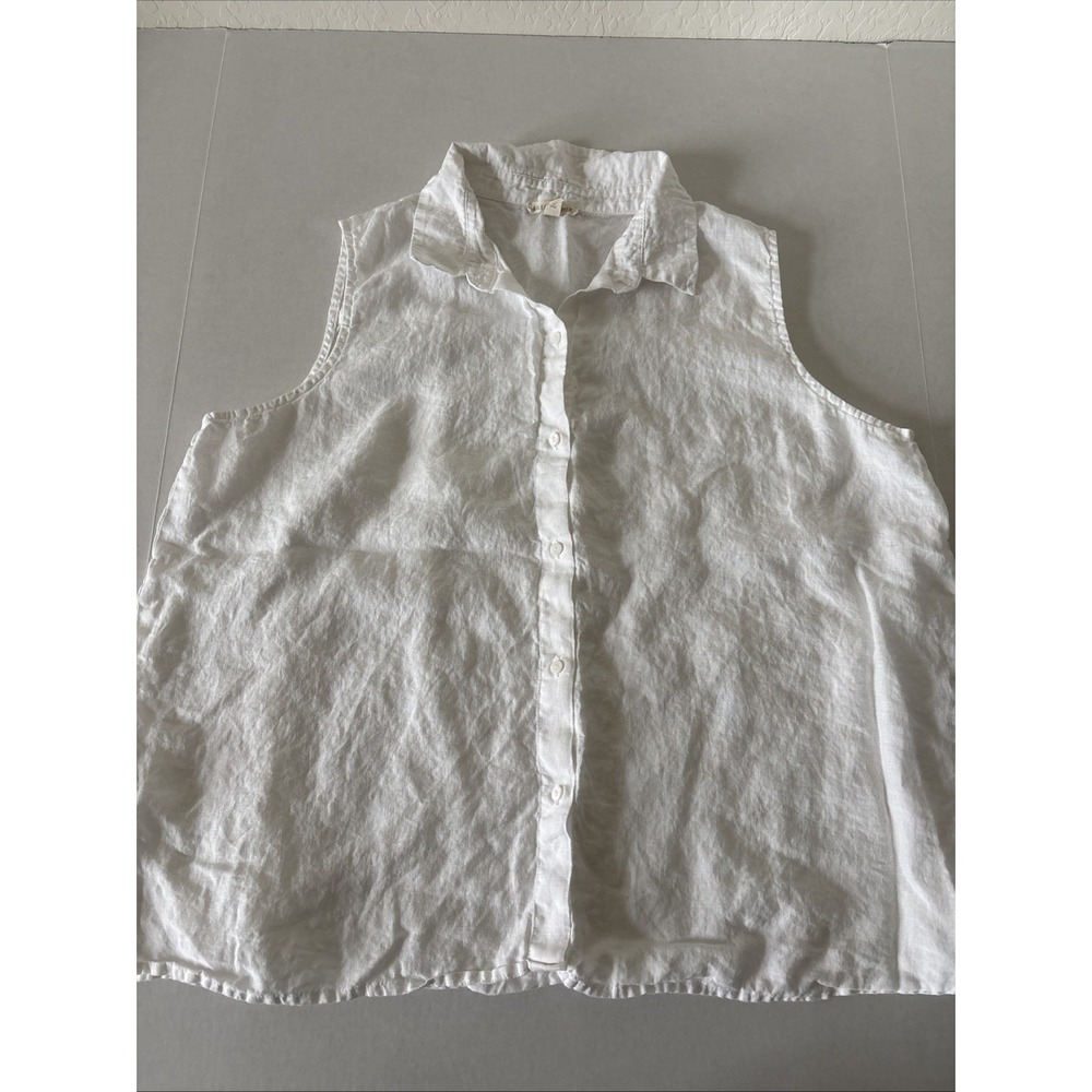 Eileen Fisher 100% Organic Linen Sleeveless Button Up Shirt White XL